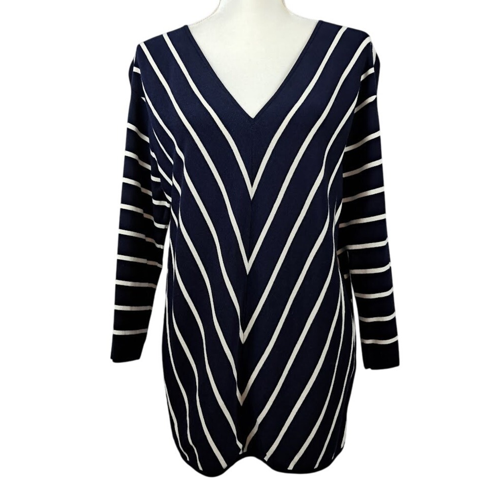TALBOTS L Tunic Sweater Navy White Diagonal Stripe V Neck‎ Long Sleeve Coastal